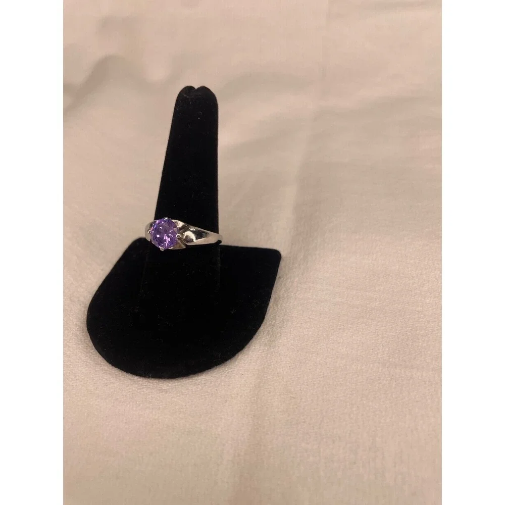 Silver Tone Purple Round Cut Cubic Zirconia Solitaire Statement Ring Size10